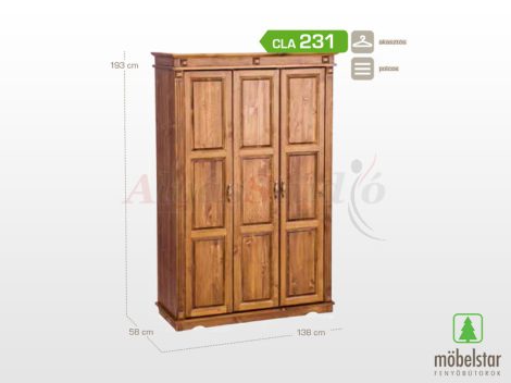 Möbelstar CLA 231 - 3 ajtós pácolt fenyő szekrény (válaszfalas)
