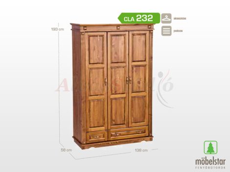 Möbelstar CLA 232 - 3 ajtós 2 fiókos pácolt fenyő szekrény (válaszfalas)
